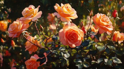 Wall Mural - A bouquet of vibrant orange roses in a beautiful garden setting