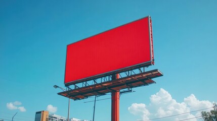 Red Billboard, vibrant red display against a clear blue sky, urban outdoor advertising canvas, minimalistic scene.