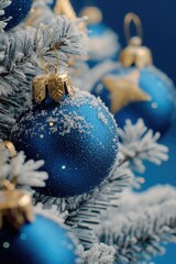 Poster - A close-up view of a Christmas tree adorned with blue ornaments, perfect for holiday-themed designs and marketing materials