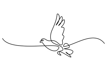 Wall Mural - Flying bird in continuous line art drawing style. Pigeon in flight  black linear design isolated on white background. Vector illustration