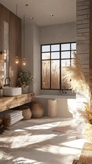 Poster - Modern bathroom with wooden vanity and large window overlooking nature