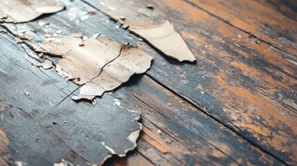 Weathered wooden board featuring peeling paint, exposed grain, and a chipped corner, revealing layers of texture and rustic charm, ideal for vintage and distressed aesthetics.