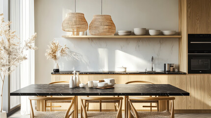 Poster - A stylish kitchen showcases light-colored wood cabinets and a black marble dining table, accented by woven pendant lights and a minimalist decor that emphasizes simplicity and elegance