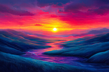 Poster - A stunning sunset lights up the sky with vibrant hues of red and orange over gentle rolling hills. A tranquil river snakes through the valley, capturing the colorful reflections