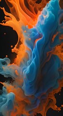 Wall Mural - abstract of blue and orange particles fluid isolated on black paint drops mixing in water ink swirli