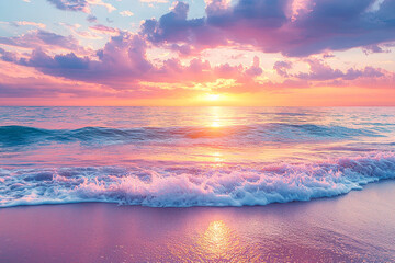 Aufkleber - A stunning sunset lights up the sky with vibrant colors as gentle waves touch the sandy beach at dusk