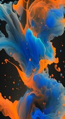 Wall Mural - blue and orange particle fluid isolated on black paint drops mixing in water ink swirling underwater