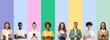 © Damir Khabirov - Group of diverse people holding phones and smiling to camera, isolated on colorful background