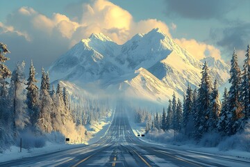 Wall Mural - Majestic snow-covered mountains tower over winding winter road