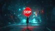 © ratcha - A figure holds a glowing stop sign in a rainy, neon-lit urban street scene.