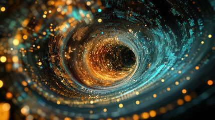 A digital coin hovering in mid-air, surrounded by abstract waves of binary code and financial data streams