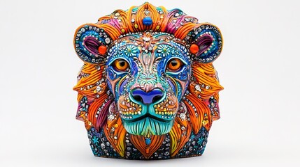 Colorful decorated lion head sculpture on white