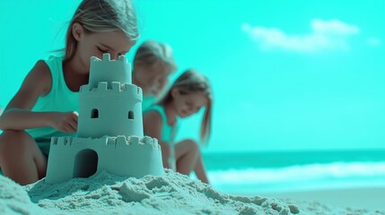 Poster - Three young girls build a sandcastle on a sunny beach, enjoying a day by the sea, AI