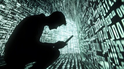 Poster - Silhouette of a Person Interacting with a Smartphone Surrounded by Green Matrix Code Representing Digital Data and Technology in a Futuristic Environment