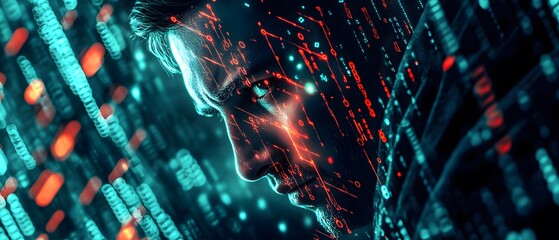 Fototapete - Futuristic Portrait of a Man with Digital Data Overlay and Glowing Elements Representing Data Science, Technology, and Cybersecurity Concepts