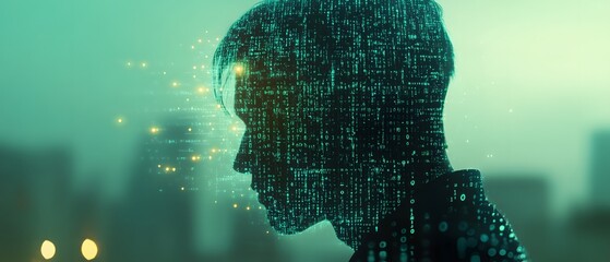 Fototapete - Digital Transformation: A Silhouetted Profile Merged with Floating Binary Code and Glowing Particles Against a Futuristic Backdrop