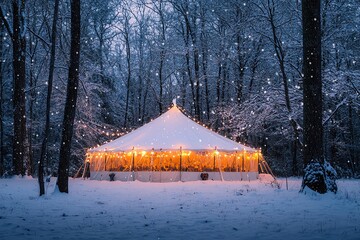 Wall Mural - Festive tent illuminated in snowy forest.