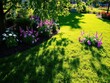 © PuriStudio - A tranquil morning scene with dappled sunlight on grass and vibrant blossoms in full bloom, soft shadows, bright flowers