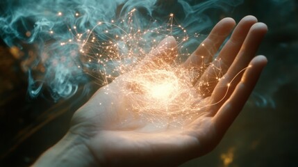 Aufkleber - A hand is raised to reveal glowing particles swirling in a mesmerizing display. The background features a mystical forest, illuminated by faint light, enhancing the enchanting atmosphere during dusk.