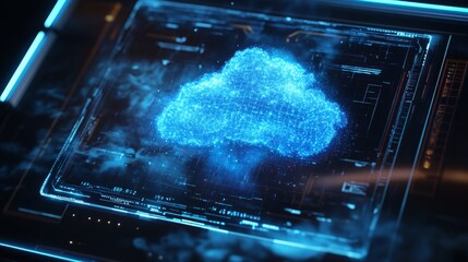 Leinwandbilder - A vibrant digital representation of a cloud icon appears illuminated in blue, featuring intricate holographic designs.