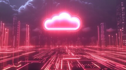Aufkleber - A vibrant digital landscape showcases a large neon cloud symbol hovering above intricate circuit patterns.