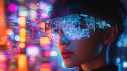 Fototapete - A young woman wearing futuristic glasses views holographic digital data projections. The vibrant, multicolored background suggests a nighttime urban setting.