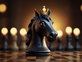 A 3D rendering of a black chess knight, adorned with a golden crown and pearl, sits proudly in the foreground of a dimly lit chessboard, evoking a sense of power and strategy.