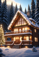 Wall Mural - Cozy log cabin with Christmas lights and a snowy yard