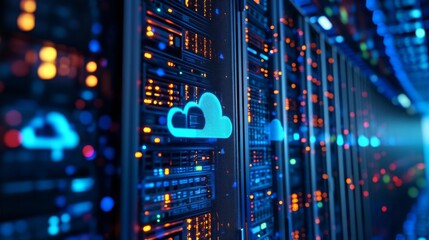 Poster - A row of server racks in a data center. The racks are lit with blue and orange lights. A blue cloud icon is illuminated on one of the racks.