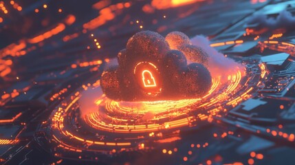 Poster - A digital cloud adorned with a lock symbol emits a vibrant glow amidst a network of circuits, representing themes of cybersecurity and protection in a futuristic environment rich in technology.