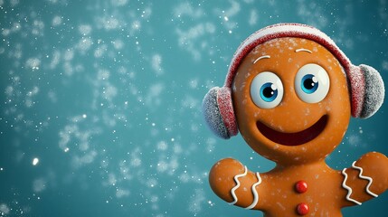 Wall Mural - Happy gingerbread man enjoys the snowy christmas season, embodying joy and festivity. Evoking warmth and coziness, this cute character adds whimsical charm to festive designs and decorations