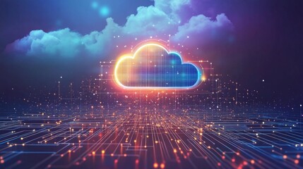 Leinwandbilder - A stylized cloud, composed of glowing blue lines and orange highlights, sits above a grid-like digital network. The network is made of glowing lines and dots, with the background a deep purple.