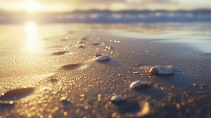 Sunset beach scene with footprints and seashells in wet sand.