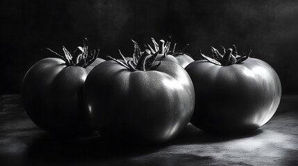 Wall Mural - Three Dark Tomatoes Resting On A Surface