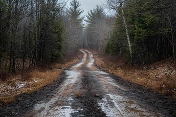 Canvas Print - Foggy forest road winding through the trees in early morning