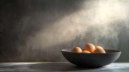 Canvas Print - Bowl of oranges in dramatic lighting with smoke effect