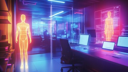 Aufkleber - In a high-tech office environment illuminated by neon lights, digital human figures are projected alongside sleek computer workstations.
