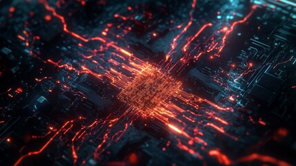 Leinwandbilder - A circuit board is illuminated by intense red and blue lights, creating a captivating visual effect.