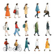 © Pakpong - collection of diverse people walking in various outfits and styles, showcasing urban fashion and movement. Isolated on white ,PNG Transparency
