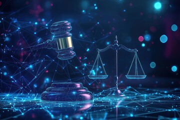 Wall Mural - a legal gavel and scale, representing the enforcement of digital safeguards for businesses in the fa