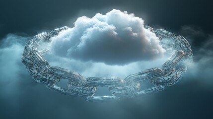 Poster - A chain made of metallic links surrounds a fluffy cloud, floating in an atmosphere filled with soft mist. The composition evokes a sense of connection and surrealism, enhancing the dreamlike quality.