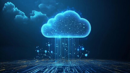 Aufkleber - A digital cloud filled with data streams hovers above a glowing cityscape at night, illustrating the concept of cloud technology. Bright connections and dots represent data flowing continuously.
