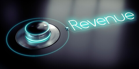 Wall Mural - Revenue - rotary knob and glowing word - 3D illustration