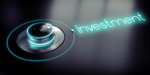 Wall Mural - Investment - rotary knob and glowing word - 3D illustration