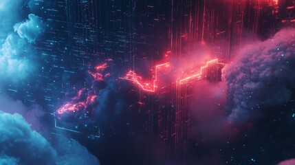 Poster - Vivid neon lights create a striking digital landscape set against a backdrop of swirling clouds. The scene captures an otherworldly atmosphere, showcasing the interplay between technology and nature.