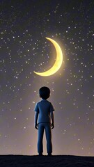 Wall Mural - vertical 9:16 3d boy looking up at the moon and stars cartoon digital art