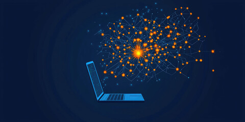a laptop emits a burst of glowing particles against a dark blue background, symbolizing data flow an