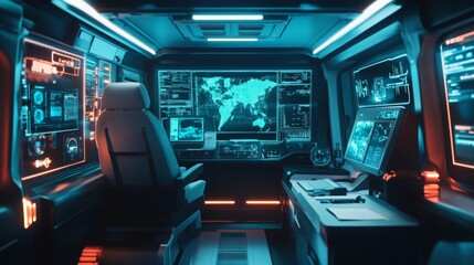 Poster - A modern command center features glowing interactive screens displaying data and a world map.