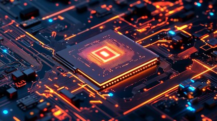 Poster - A close-up view of a microprocessor illuminated in vibrant colors on a complex circuit board. This detail highlights the intricate design and technology used in modern electronics at an exhibition.