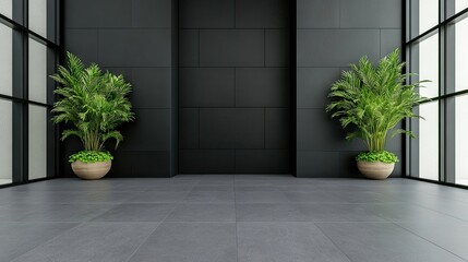 Wall Mural - Contemporary shopping center entrance featuring minimalist black facade with striking concrete and glass design